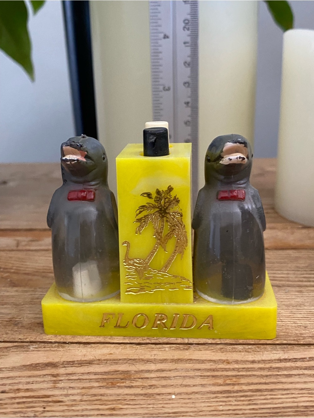 Vintage Mechanical Push-Button Florida Dolphin / Porpoise Salt & Pepper Shakers